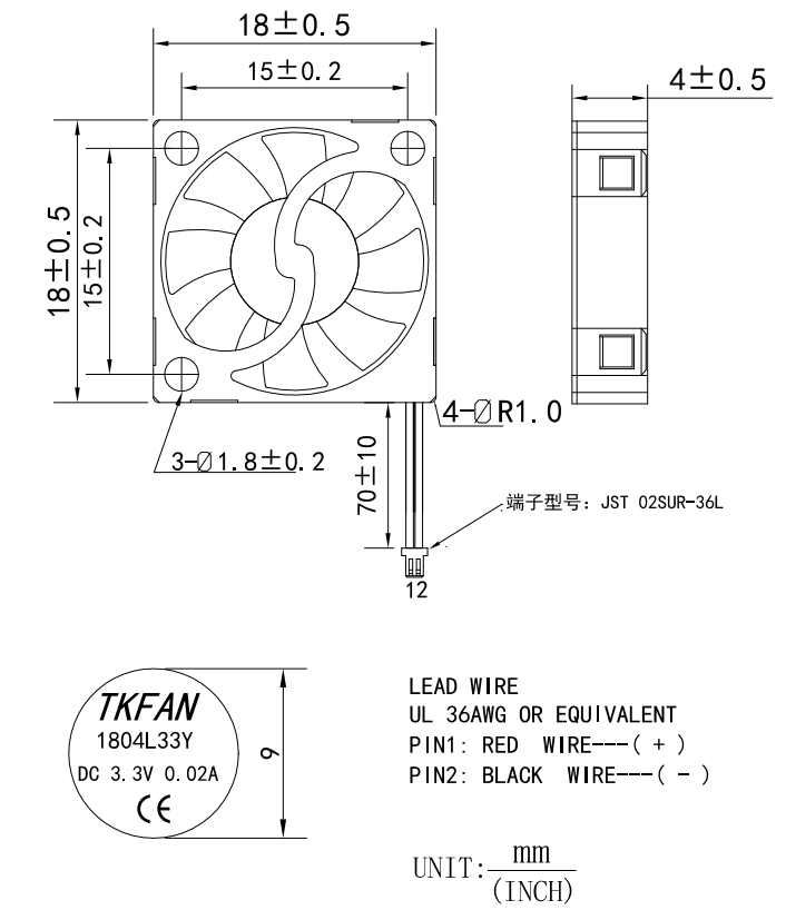 3.3V Low Voltage Micro Fan DA1804L33Y-A261023 Engineering Dimensions Drawing 3.3V Low Voltage Micro Fan DA1804L33Y-A261023 Engineering Dimensions Drawing